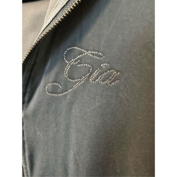 I.AM.GIA Kameron Velour Zip Up Jacket Women Small Blue Bedazzled Ruched - Picture 7 of 16